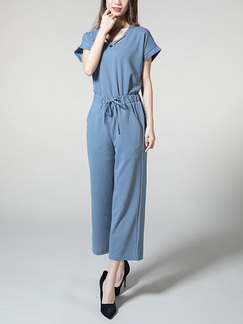 Blue Loose V Neck Cutout Adjustable Waist Pocket Two Piece Jumpsuit for Casual Party Office