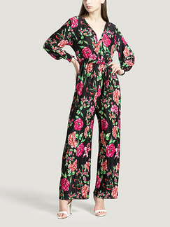 Red and Colorful V Neck Slim Placket Front Linking Printed Wide Leg Pleat Long Sleeves Jumpsuit for Party Evening Cocktail