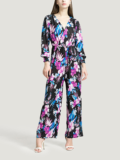 Purple and Colorful V Neck Slim Placket Front Linking Printed Wide Leg Pleat Floral Long Sleeves Jumpsuit for Party Evening Cocktail