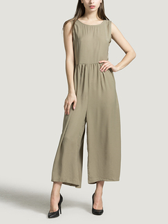 Olive Green Plus Size Loose Round Neck Open Back Linking Wide Leg Pants Jumpsuit for Casual Party Evening