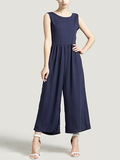 Navy Blue Plus Size Loose Round Neck Open Back Linking Wide Leg Pants Jumpsuit for Casual Party Evening