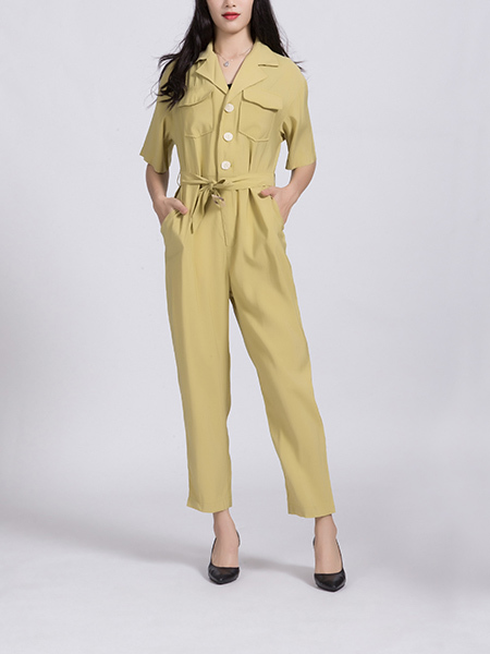 Yellow One Piece Pants Button Down Collared Jumpsuit for Casual Party Office