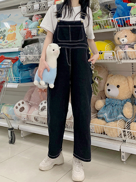 Black and White One Piece Denim Jumpsuit for Casual