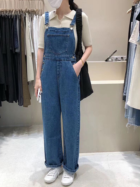 Blue and Cream Denim One Piece Jumpsuit for Casual