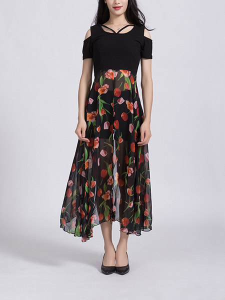Black Colorful Two Piece Floral Overlay Skirt Jumpsuit for Casual Party Office