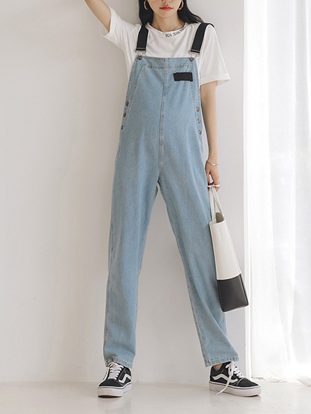 Blue and White Denim One Piece Jumpsuit for Casual