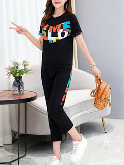 Black Colorful Two Piece Pants Round Neck Plus Size Jumpsuit for Casual Party