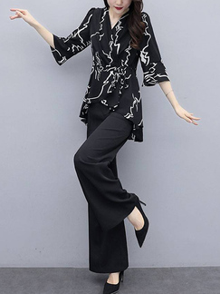 Black and White Two Piece Wide Leg Pants V Neck Plus Size Jumpsuit for Casual Party Office