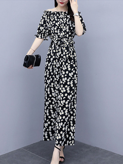 Black and White Two Piece Wide Leg Pants V Neck Plus Size Floral Jumpsuit for Casual Party Office