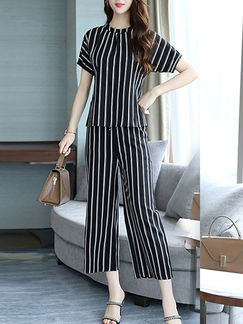 Black and White Two Piece Pants Round Neck Jumpsuit for Casual Party Office Evening