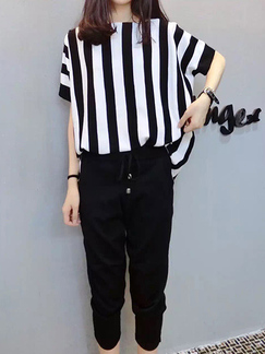 Black and White Two Piece Pants Plus Size Striped Jumpsuit for Casual Sports Party