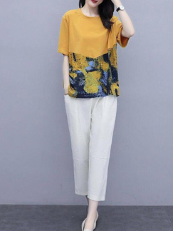 Yellow White Colorful Two Piece Pants Plus Size Round Neck Jumpsuit for Casual Party