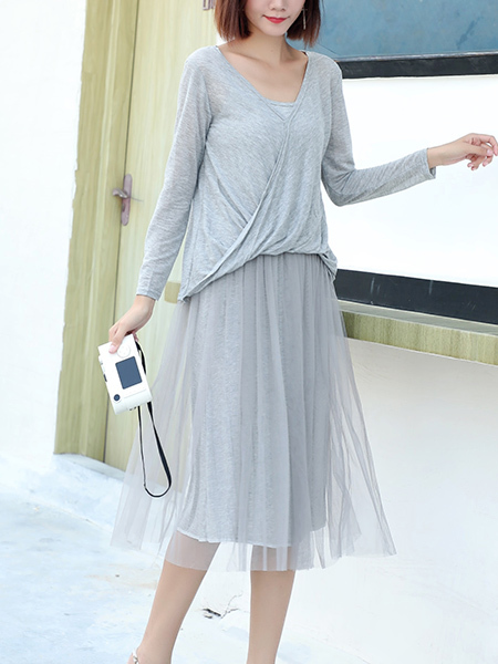 Gray Two Piece Long Sleeve Jumpsuit for Casual Office Party