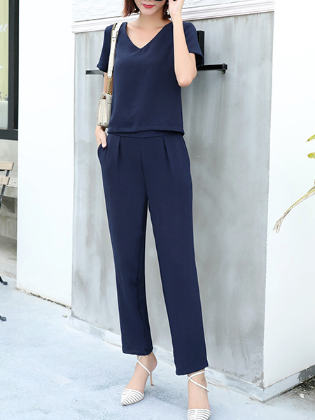 Blue V Neck Pants Jumpsuit for Casual Party Office