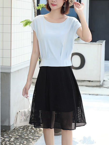 White and Black Two Piece Skirt Blouse Jumpsuit for Casual Party Office