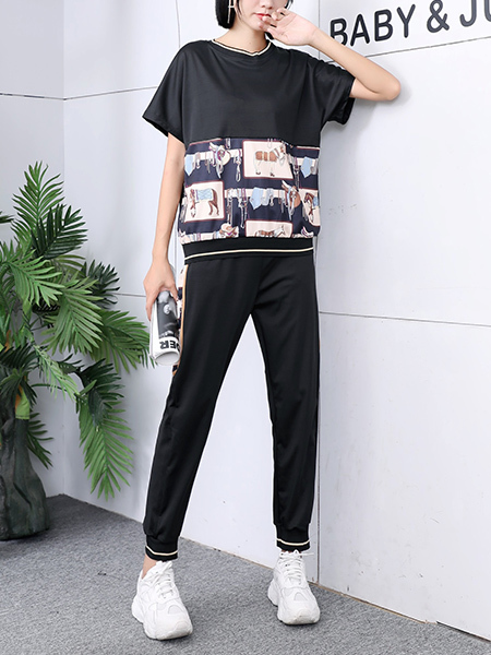 Black Colorful Two Piece Pants Plus Size Shirt Jumpsuit for Casual Sports