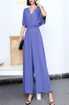 Blue Plain V Neck Wide Leg Pants Jumpsuit for Party Evening Cocktail