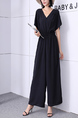 Black Plain V Neck Wide Leg Pants Jumpsuit for Party Evening Cocktail