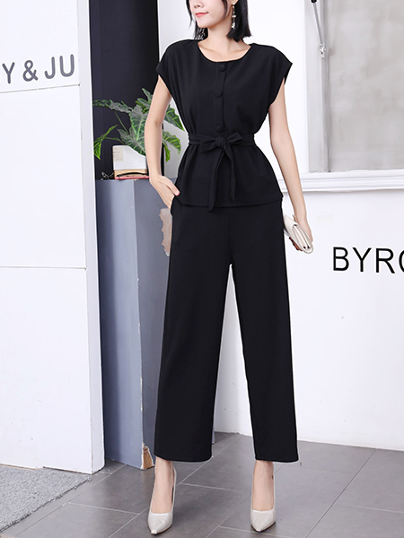 Black Two Piece Pants Button Down Ribbon Jumpsuit for Party Evening Cocktail