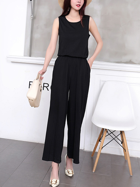 Black Two Piece Pants Jumpsuit for Casual Party Office