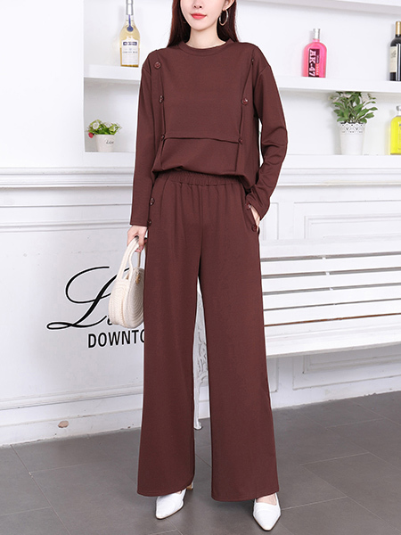 Brown Two Piece Pants Long Sleeve Plus Size Jumpsuit for Casual Party