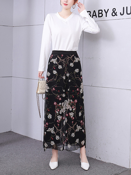 White Black and Colorful Two Piece Pants V Neck Long Sleeve Floral Jumpsuit for Casual Party Office Evening