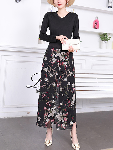 Black and Colorful Two Piece Pants V Neck Long Sleeve Floral Jumpsuit for Casual Party Office Evening