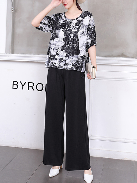 Black and White Two Piece Wide Leg Pants Plus Size Jumpsuit for Casual Party Office Evening