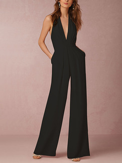 Black Slim Hang Neck V Neck Open Back Siamese Wide Leg Jumpsuit for Cocktail Party Evening