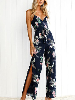 Blue Colorful Slim Printed Sling Deep V Neck Open Back Band Furcal Wide-Leg Siamese Slip Floral Jumpsuit for Casual Beach