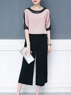 Pink and Black Two-Piece Chiffon Loose Contrast Linking Round Neck Wide-Leg Adjustable Waist Jumpsuit for Casual Office Evening