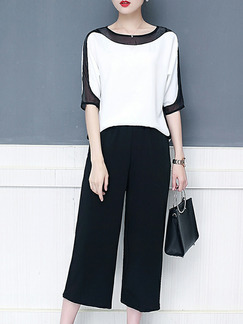 White and Black Two-Piece Chiffon Loose Contrast Linking Round Neck Wide-Leg Adjustable Waist Jumpsuit for Casual Office Evening