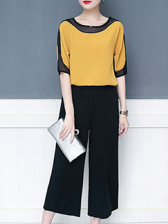 Yellow and Black Two-Piece Chiffon Loose Contrast Linking Round Neck Wide-Leg Adjustable Waist Jumpsuit for Casual Office Evening