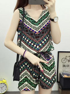 Colorful Chiffon Two-Piece Shorts Slim Sling Printed V Neck Adjustable Waist Band Jumpsuit for Casual Party