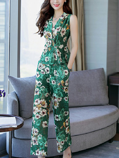 Green Colorful Slim Printed Wide-Leg Two-Piece Floral V Neck Pants Jumpsuit for Party Evening Casual