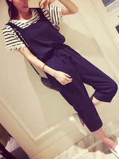 Navy Blue Loose Sling Siamese Two Piece Pants Plus Size Jumpsuit for Casual Party