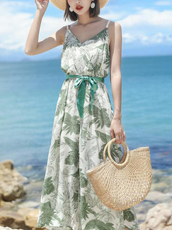 White and Green Loose Printed Wide-Leg Siamese Tropical Slip Jumpsuit for Casual Beach