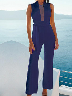 Navy Blue Slim V Neck Band Siamese Jumpsuit for Casual Party Beach Evening