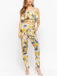 Navy Blue Yellow and White Slim Sling Printed Two-Piece Slip Tropical Jumpsuit for Casual Party Beach