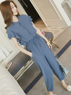 Blue Slim Ruffle Band Siamese Pants Jumpsuit for Casual Party
