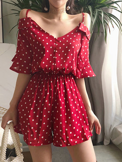 Red Slim Off-Shoulder Polka Dot Siamese Slip Jumpsuit for Casual Party