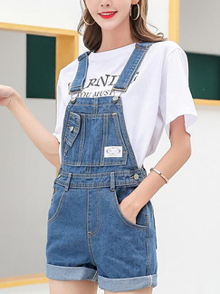 Navy Blue Loose Denim Siamese Shorts Jumpsuit for Casual