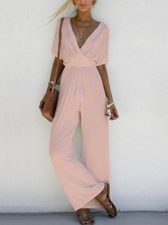 Pink Slim High Waist Wide-Leg Siamese V Neck Jumpsuit for Casual Beach