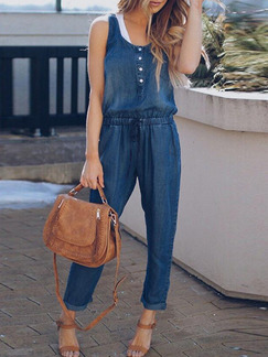 Dark Blue Loose Denim Band Siamese Jumpsuit for Casual