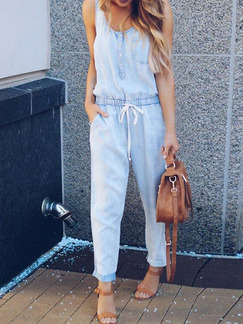 Light Blue Loose Denim Band Siamese Jumpsuit for Casual