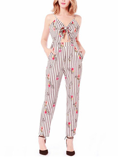 Light Gray and White Slim Printed Stripe Siamese Slip Jumpsuit for Casual Party