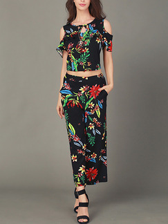 Black Colorful Slim Printed Wide-Leg Two-Piece Pants Floral Jumpsuit for Casual Party
