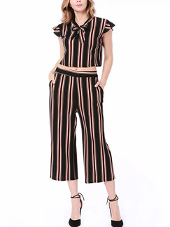 Black and Brown Slim Stripe Wide-Leg Two-Piece Jumpsuit for Casual Party