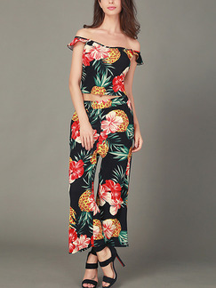 Colorful Slim Printed Wide-Leg Two-Piece Off Shoulders Floral Jumpsuit for Casual Party Beach
