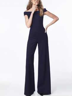 Black  Slim Boat Collar Wide-Leg Siamese Off Shoulders Jumpsuit for Casual Party Evening